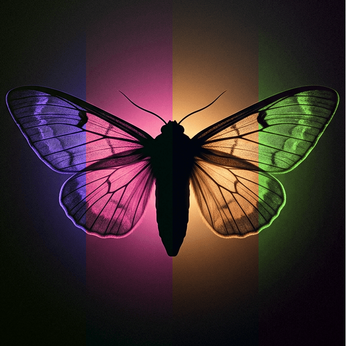 Mothlight — a moth lit in violet, pink, amber, and green